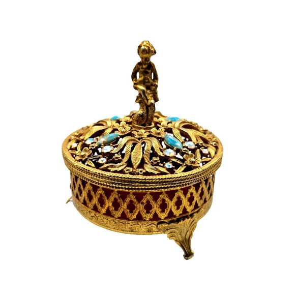 Vintage Cherub Gold Tone Footed Metal Jewelry or Trinket Box w/ embellished lid - Picture 1 of 8